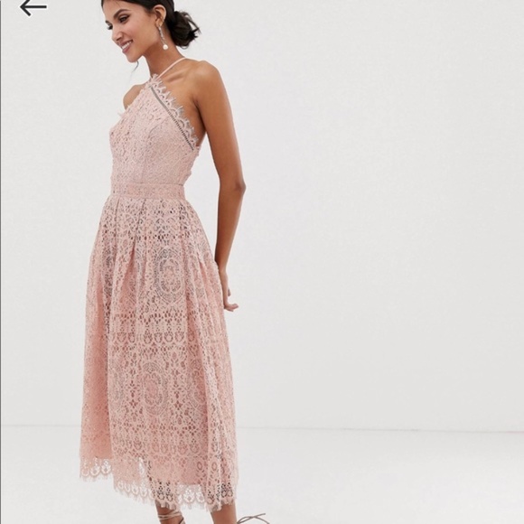 asos design lace midi dress with pinny bodice ASOS DESIGN lace midi dress with pinny bodice, Pink/Blush